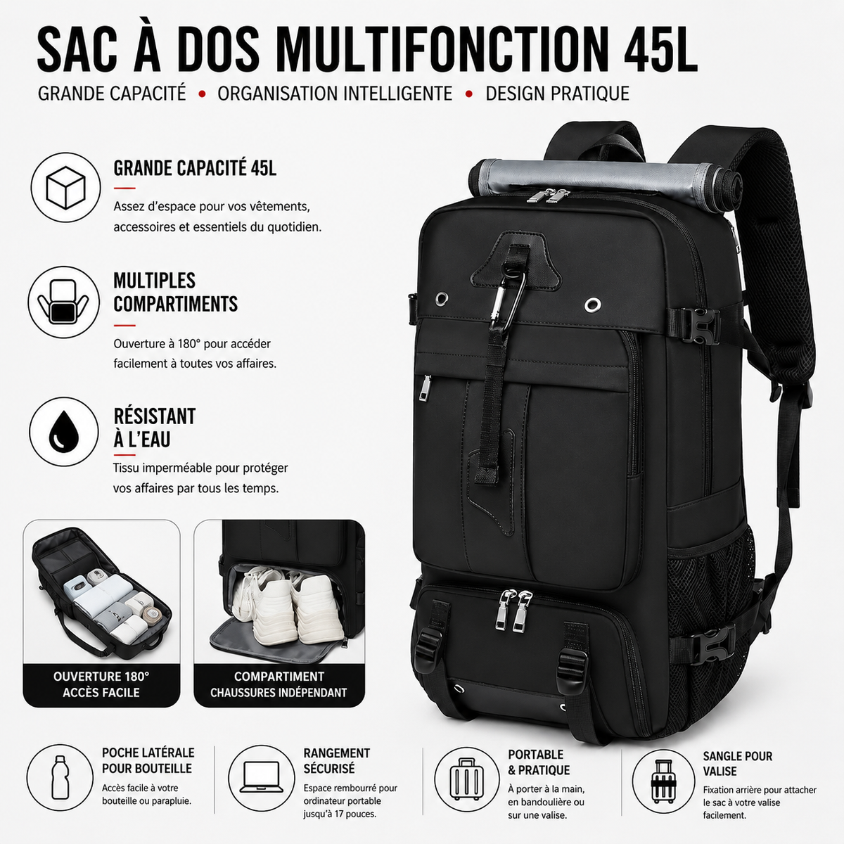 Sac à Dos Étudiant Grand Volume Ordinateur 15,6 Pouces