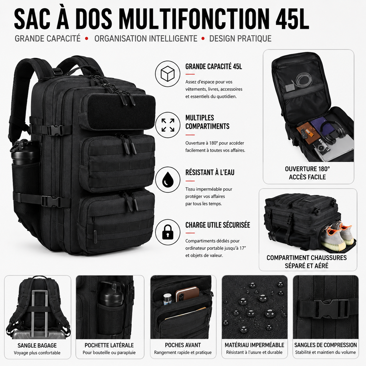 Sac à Dos Sport Grand Volume Compartiment Chaussures