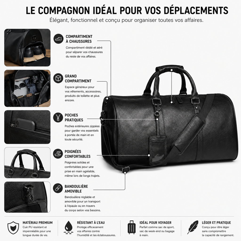 Sac de Voyage Cuir Véritable Poche Chaussures