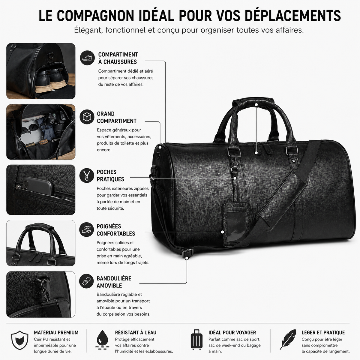 Sac de Voyage Cuir Véritable Poche Chaussures