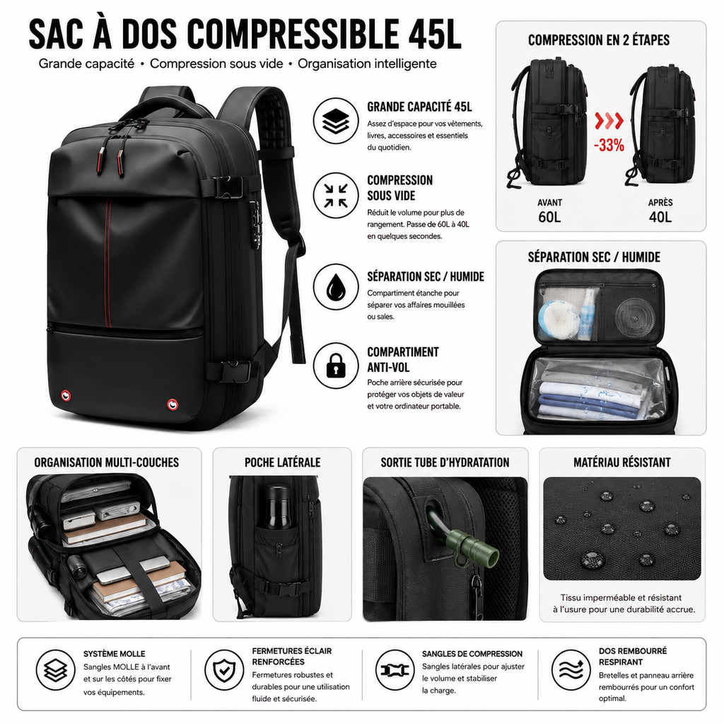 Sac à Dos Voyage Grande Capacité Format Cabine