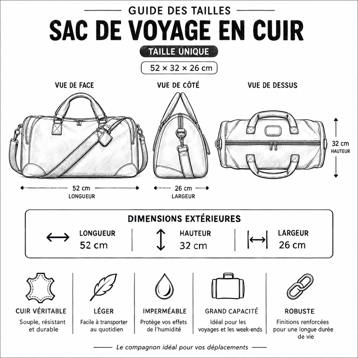 Sac de Voyage Cuir Vintage Grande Capacité