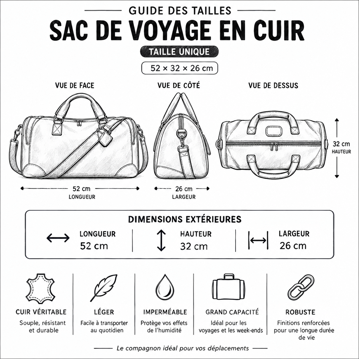 Sac de Voyage Cuir Vintage Grande Capacité
